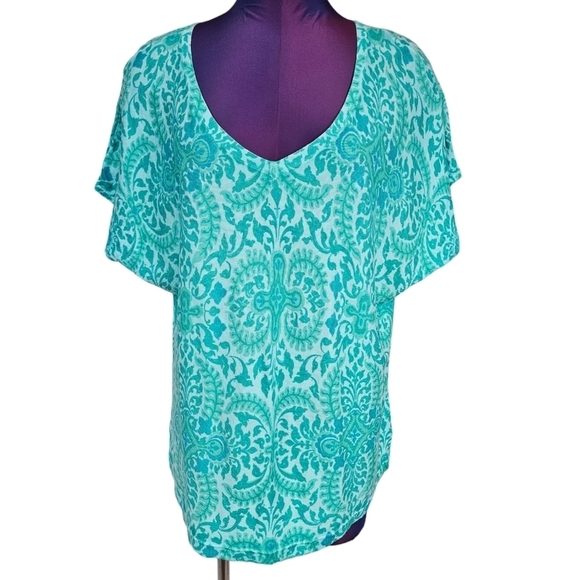 Talbots Royal Medallion V-Neck Aqua Short Sleeve Sweater Size Medium Women's S45 - Picture 1 of 7